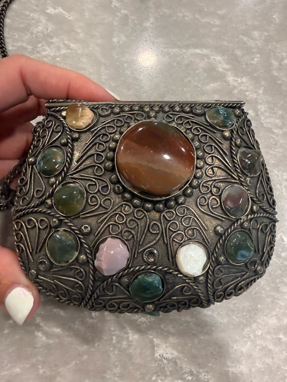 Vintage Indian Artisan Gemstone Metal Box Purse Filigree Crossbody Sajai - Picture 8 of 16